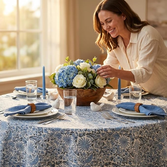 ATOSII Cotton Tablecloth 72" Inches Round Butterfly Blue