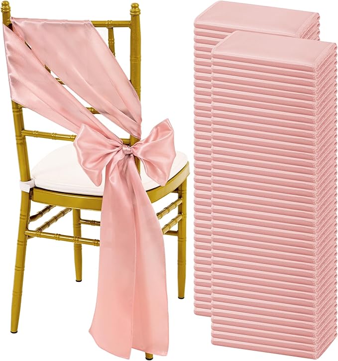 120 PCS Rose Gold Satin Chair Sashes, Ties Bows Designed Sashes for Washable Reusable Chair Covers Supplies for Wedding Reception Events Banquets Party Hotel Event Aisle Decorations (7 x 108 inch)