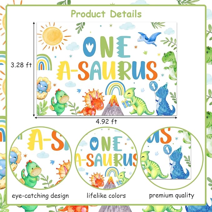 One a Saurus Birthday Decorations for Boys Dinosaur 1st Birthday Decoration with Dinosaur Birthday Photo Banner One a Saurus Birthday Backdrop, Cake Cupcake Toppers Dinosaur Bday Tablecloth