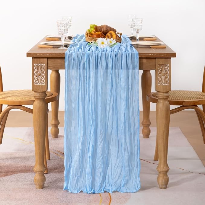 MLMC 6 Pack Baby Blue Cheesecloth Table Runner Baby Blue Table Runner 10ft Sheer Rustic Cheese Cloth Baby Shower Decorations 65x120 Inches for Birthday Gender Reveal Baby Shower Wedding Decor