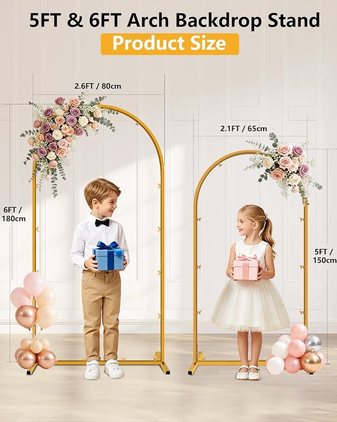 Wedding Arch Backdrop Stand 5FT, 6FT Gold Metal Arch Stand Set of 2, Balloon Arch Stand for Wedding Baby Shower Birthday Ceremony Party Graduation Decoration