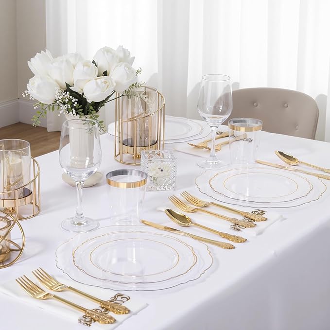 KIRE 210Pcs Clear and Gold Plastic Plates - Heavy Duty Clear Plates with Gold Rim - Disposable Dinnerware Sets of 60 Plastic Plate 90 Silverware 30 Cups 30 Napkins for Wedding/Mother's Day