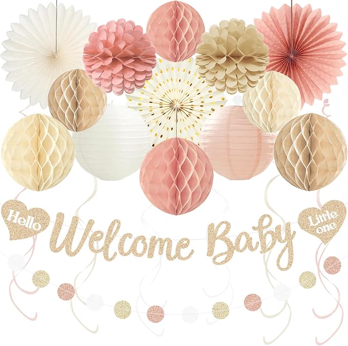 Boho Blush Pink Baby Shower Decorations for Girl, Pre-Strung, 24pcs | Welcome Baby Sign, Honeycomb Balls, Paper Flowers, Lanterns, Fans, Streamers, Dots Garland for Girl Baby Shower Decorations