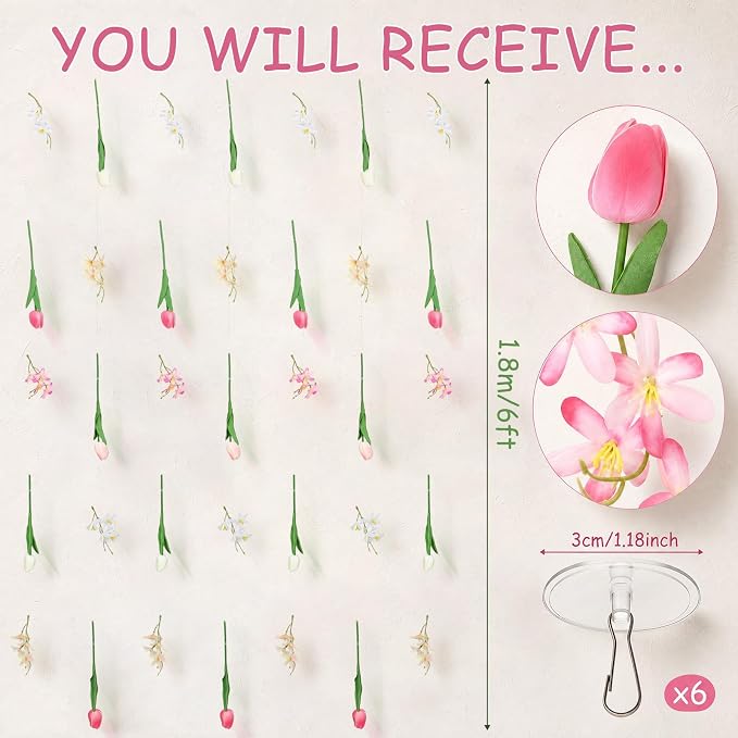 6 Pcs 35.4ft Artificial Tulips Hanging Flower Garlands with Hooks, Spring Faux Tulip and Wildflower Ceiling Vines, Mixed Colors Floral Backdrop for Wedding Party Home Wall Arch Decor