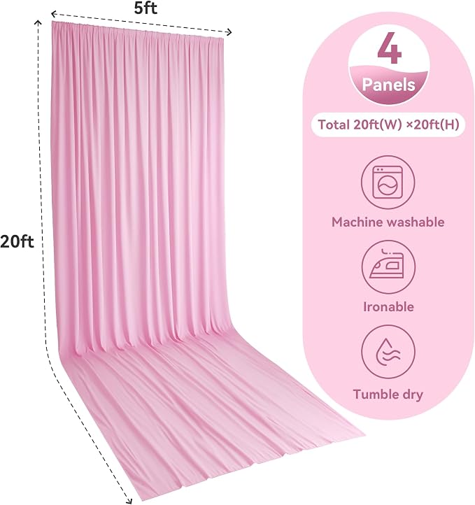 4 Panels 5x20ft Pink Ceiling Drapes for Wedding Parties, Wrinkle Free Thick Polyester 20ft Extra Long Wedding Draping Pink Ceiling Curtains Arch Drapery for Birthday Party Canopy Tent Decor