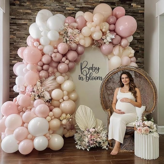 Dusty Pink White Balloon Garland Double Stuffed Baby Pink Nude Beige Balloons Cream Balloon Arch Kit for Boho Baby Shower Birthday Christening Bridal Wedding Mother's Day Party Decorations