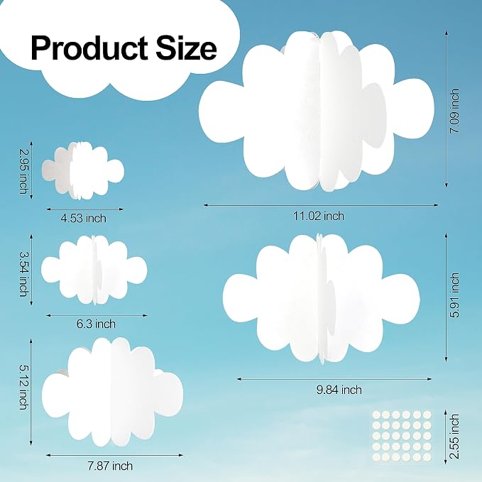 Ayfjovs 18 PCS 3D Cloud Decoration, Artificial Hanging Clouds for Ceiling, White Felt Ornaments for Art Stage, Wedding, Nursery, Children's Room, Baby Baptism Party