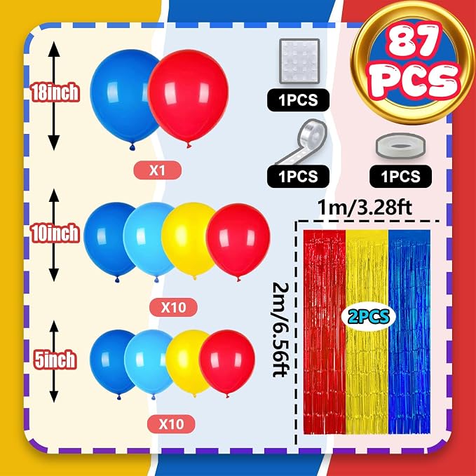 Red Blue Yellow Balloon Arch Garland Kit Birthday Party Decorations, Video Game Foil Fringe Backdrop Tinsel Streamers Banner Photo Booth Props Cartoon Theme Carnival Circus Hero Party Decor Supplies