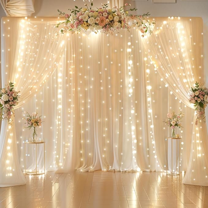 20ft x 10ft Champagne Chiffon Backdrop Curtain with Lights String for Parties,4 Panels Sheer Tulle Curtain Wedding Backdrop for Baby Shower Birthday Party Ceremony Reception Home Decorations