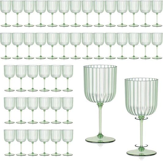48 PCS Plastic Ribbed Wine Glasses 11oz Green Detachable Wine Goblet Unbreakable Vintage Ripple Water Goblets Cocktail Drinking Cups for Parties Weddings Poolside Outdoors