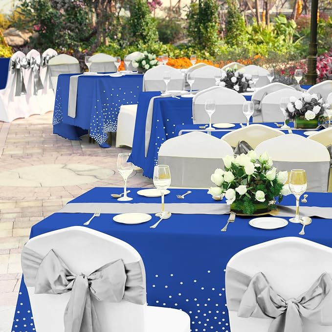 24 Pack Blue and Silver Tablecloth and Table Runner Party Decorations, Blue and Silver Plastic Disposable Tablecloth and Satin Table Runner for Wedding Birthday Bridal Graduation Anniversary Party