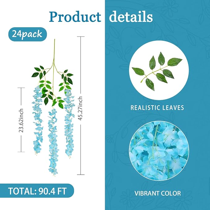 24 Pack Lake Blue Wisteria Hanging Flowers Garland, 3.77 Feet Artificial Flower Vines, Fake Wisteria, Artificial Vines Hanging Garland for Backdrop Outdoor Yard Garden Decor