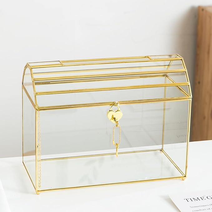 Wedding Card Box with Slot, 12.2'' Large Glass Card Boxes for Reception, Gold Cards Holder, Clear Decorative Storage Box with Lock for Baby Shower, Birthday Party, Christmas, Bridal Shower