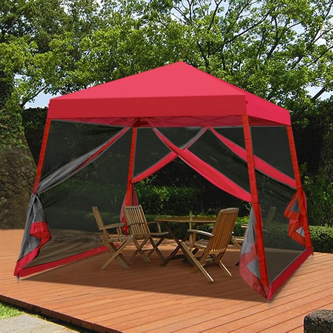 COOS BAY 10x10 Pop Up Canopy Tent with Screen Netting, Slant Leg Canopy with UPF 50+ UV Protection, 64 Sq Ft Shade, One Person Setup with Carry Bag, Red