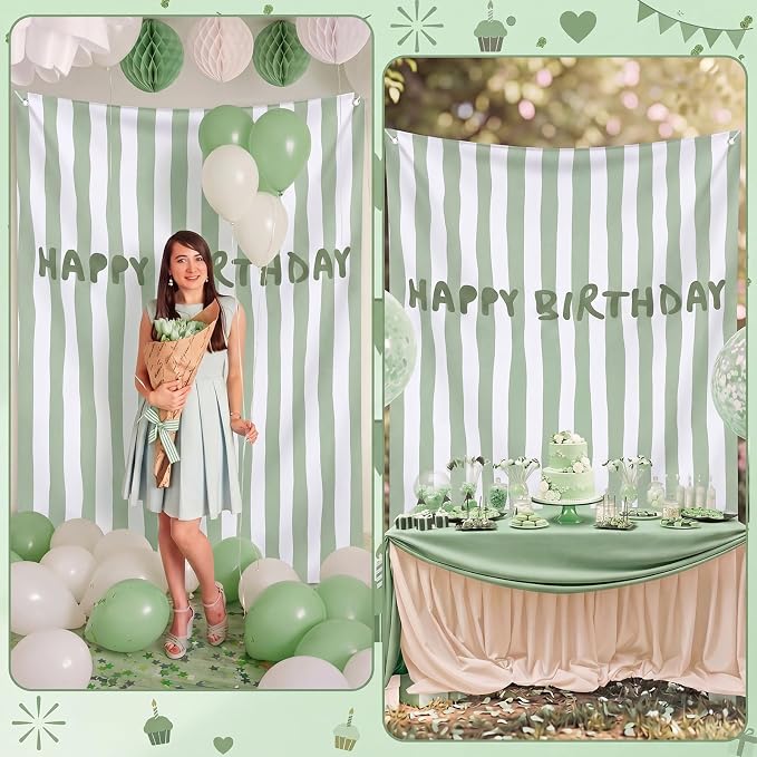 Flutesan 7x5ft Sage Green Stripe Happy Birthday Backdrop Large Banner Fabric Tapestry Birthday Party Decoration Baby Shower Linen Rustic Background Wall Photo Props Indoor Outdoor