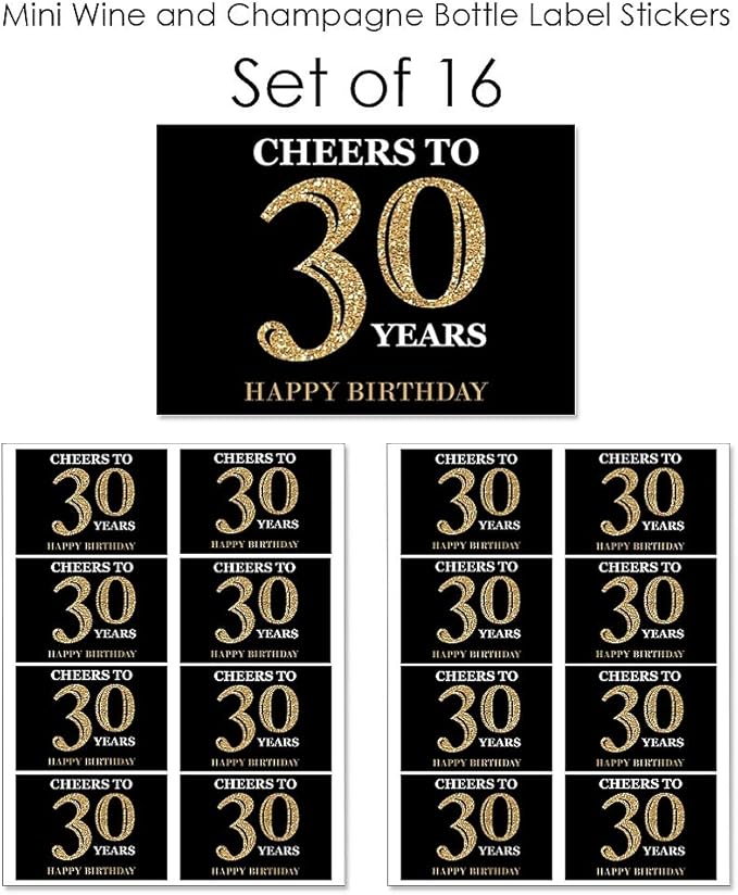 Big Dot of Happiness Adult 30th Birthday - Gold - Mini Wine and Champagne Bottle Label Stickers - Birthday Party Favor Gift for Women and Men - Set of 16
