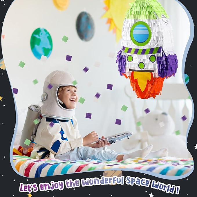 Libima Rocket Ship Piñata with Stick Blindfold Bat Confetti Spaceship Space Shuttle Piñata for Outer Rocket Space Astronaut Theme Birthday Party Supplies Decoration