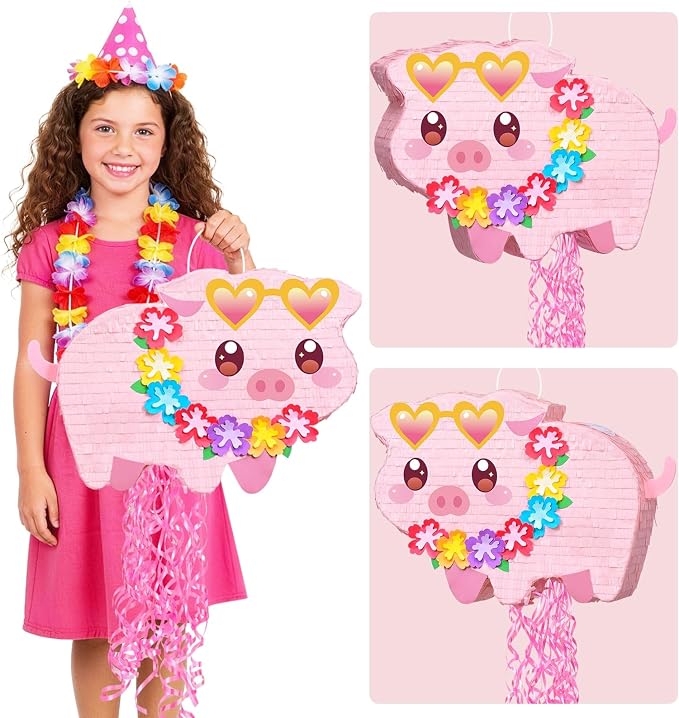 WERNNSAI Pig Piñata - Farm Party Decorations Hawaiian Pig Piñata with Blindfold and Stick for Summer Birthday Decorations Summer Tropical Birthday Party Luau Carnival Supplies