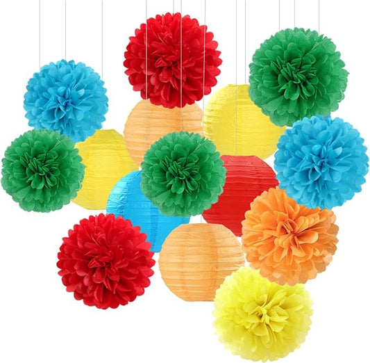 Rainbow Colorful Party-Decorations Paper-Flowers - 15pcs Welcome Back to School Tissue Pom Poms Lanterns Streamers,Carnival Video Game Kids Birthday Graduation Baby Shower Hanging Supplies Hugfond