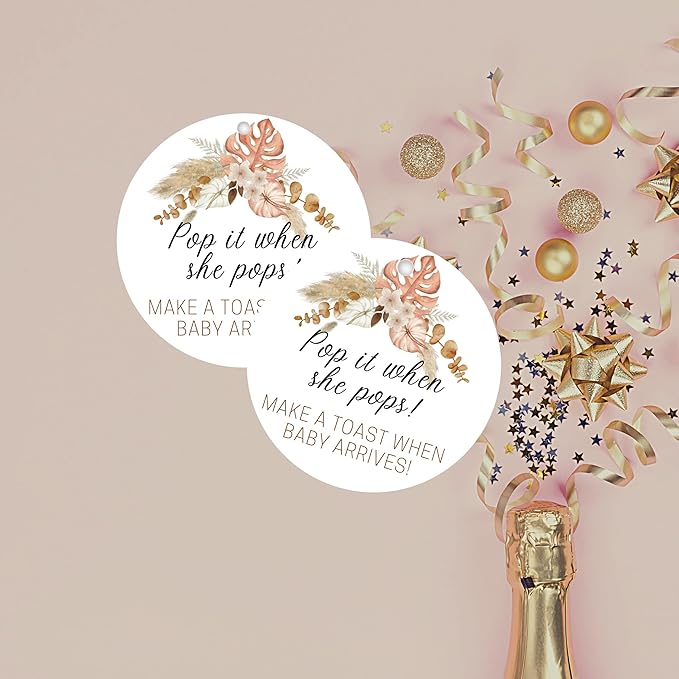 Pop It When She Pops Champagne | 30 Pack | 2.5" Circle Tag With Pre-Cut Hole | Baby Shower Party Favor | Boho Flower Design
