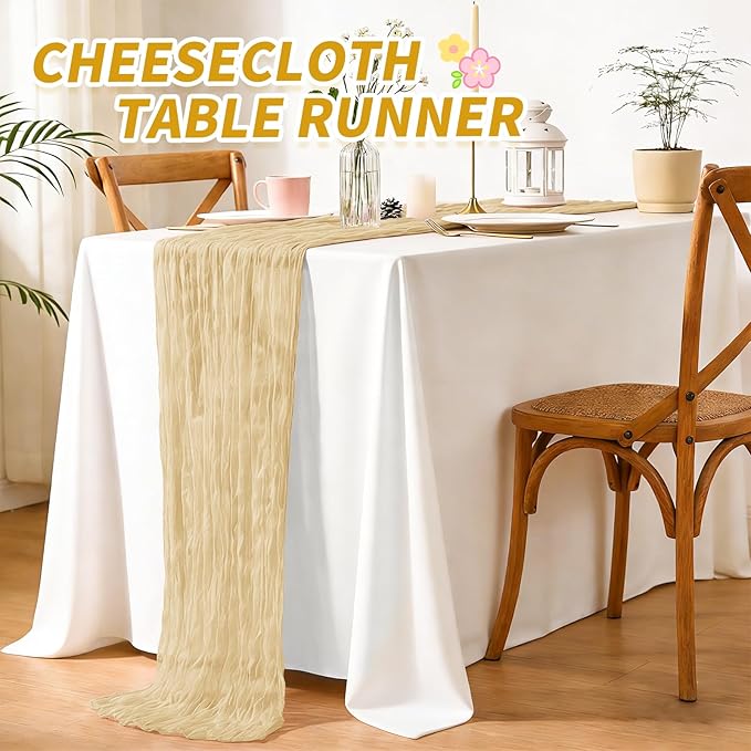6 Pack Cheesecloth Table Runner,Beige Table Runner Long Romantic Semi Sheer Rustic Boho Gauze Table Runners for Wedding Bridal Shower Birthday Party Decorations(17.7×108 Inch)