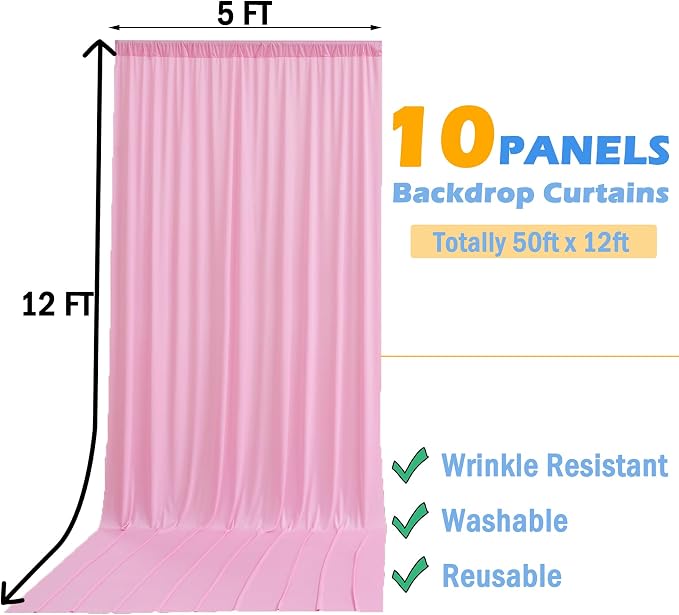 50ft x 12ft Wrinkle Free Pink Backdrop Curtains for Parties, 10 Panels 12FT Long Photo Backdrop Drapes Silky Back Drop Cloth for Wedding Birthday Photography Background Decor