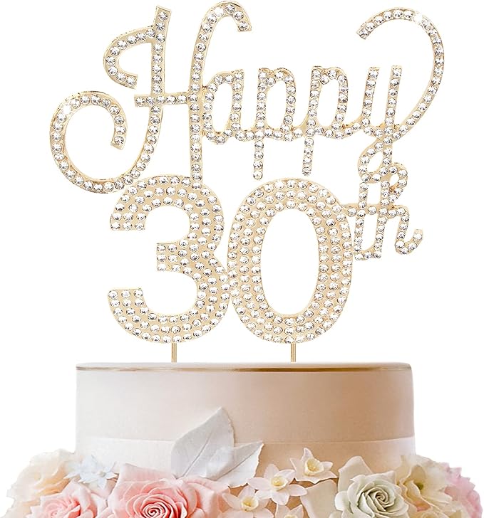 LINGTEER Happy 30th Birthday Gold Rhinestone Cake Topper - Cheers to 30th Birthday Thirty Years Old Anniversary Party Cake Centerpieces Topper Decorations Gift Sign.
