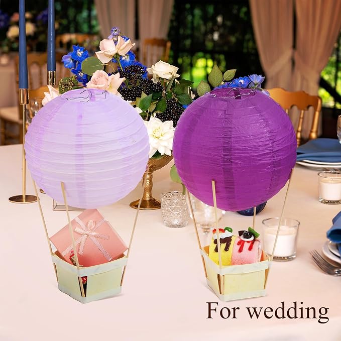 Namalu 24 Set Hot Air Balloon Table Centerpieces Baby Shower Party Decoration Paper Lanterns with Wooden Basket Sticks for Summer Birthday School DIY Craft(White, Purple Series)