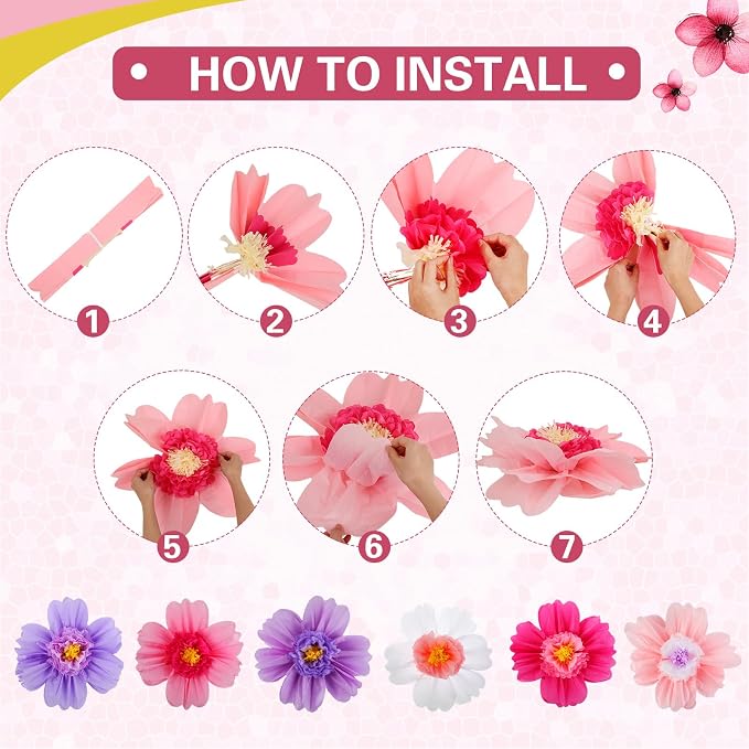 Crowye 24 Pcs Large Colorful Tissue Paper Flowers Decorations Giant Fiesta Craft Crepe Paper Flowers for Wall Decor Backdrop Mexican Wedding Birthday Carnival Party (10'' 20'',Bright Color)