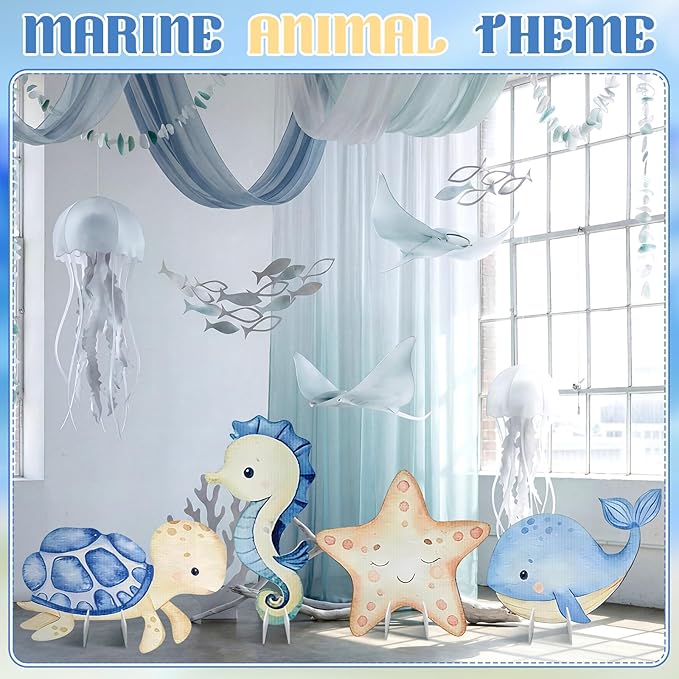 4 Pack Under The Sea Baby Shower Decorations 23 Inch Sea Animal Themed Party Cardboard Cutout Blue Turtle Seahorse Starfish Shell Stand-ups Ocean Theme Photo Booth Props(4 Pcs, Marine)