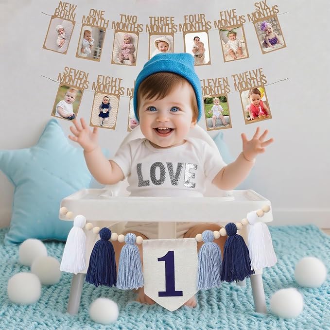 Handmade 1st Birthday High Chair Banner Birthday Decorations for Baby Boy with Garland Crown Hat Wild One Cake Topper Baby Photo Banner for Boy Wall Hangings Decorations(White)