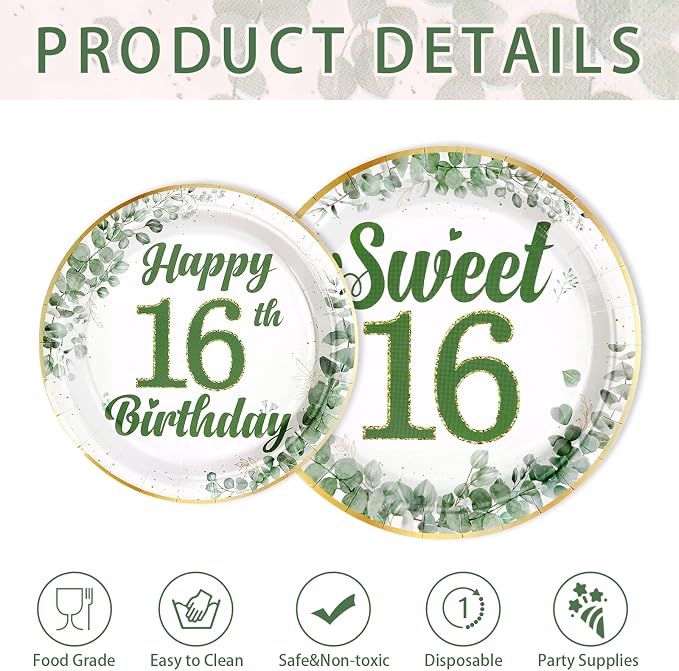 250 Pcs Sweet 16 Party Decorations Sage Green 16th Birthday Tableware Set Include Plates Napkins Cups for Kids Sixteen Years Old Birthday Supplies Serves 50