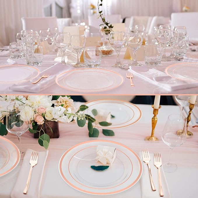 300 Pcs Rose Gold Plastic Dessert Plates Set 150 Clear Disposable Dessert Plates 6 Inch and 150 Plastic Appetizer Forks for Wedding Birthday Party Baby Bridal Shower(Rose Gold)