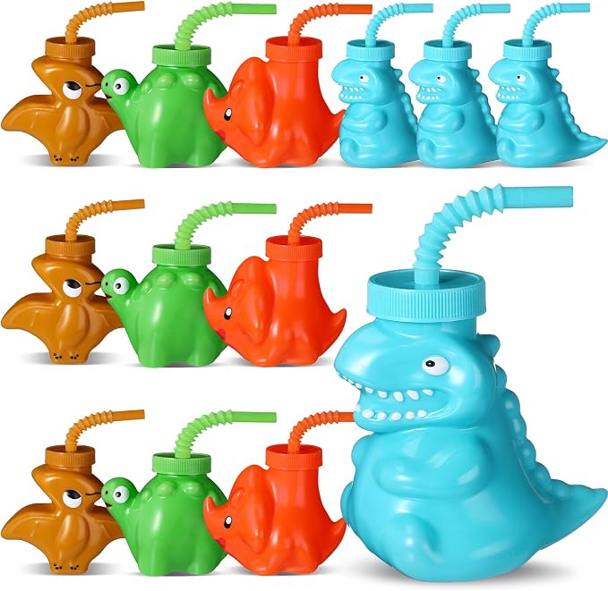 Maxcheck 12 Pieces Dinosaur Cups with Straws and Lids 10oz Dinosaur Party Favor Cups Bulk Plastic Dino Theme Party Supplies Reusable for Dino Birthday Decorations Safari Jungle