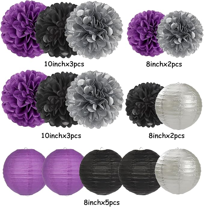Purple-Black Silver Party-Decorations Paper-Flowers Lanterns - 15pc Lavender Birthday Graduation Tissue Pom Poms Streamers,Bachelorette Bridal Baby Shower Engagement Wedding Halloween Decor Panduola