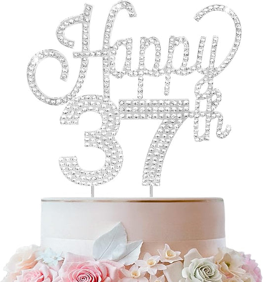 LINGTEER Happy 37th Birthday Silver Rhinestone Cake Topper - Cheers to 37th Birthday 37 Years Old Anniversary Party Cake Centerpieces Topper Decorations Gift Sign.