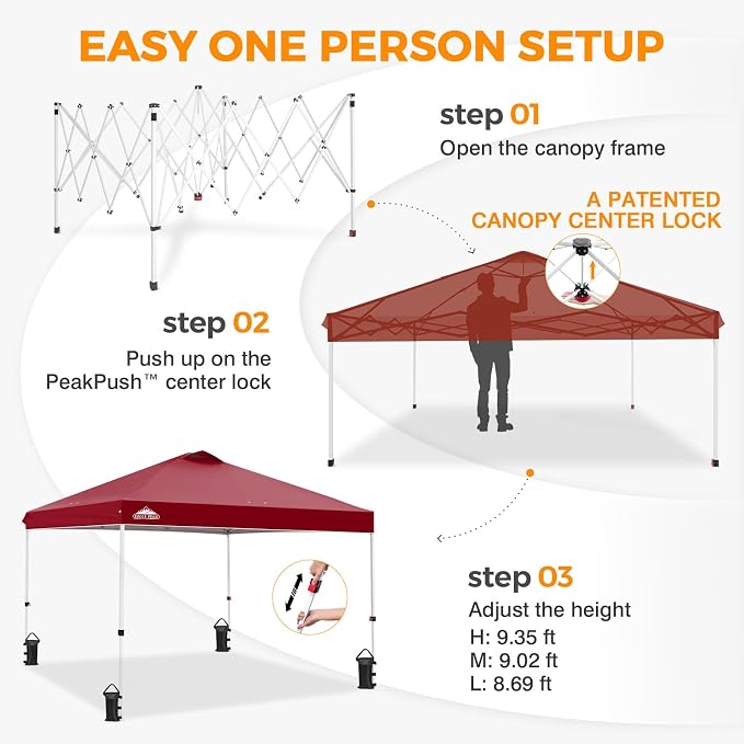 EAGLE PEAK Pop Up Canopy Tent with Wheeled Carry Bag, 8 Stakes, 4 Ropes, 4 Weight Bags, Easy Set Up Tent Canopy, 10x10 ft, 100sqft of Shade, Burgundy