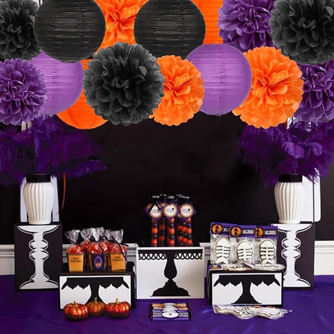 Purple-Orange Black Party-Decorations Paper-Flowers Lanterns - 15PCS Halloween Tissue Pom Poms Streamers,Vintage Birthday Retro Baby Bridal Shower Wedding Bachelorette Hanging Supplies Decor Hugfond
