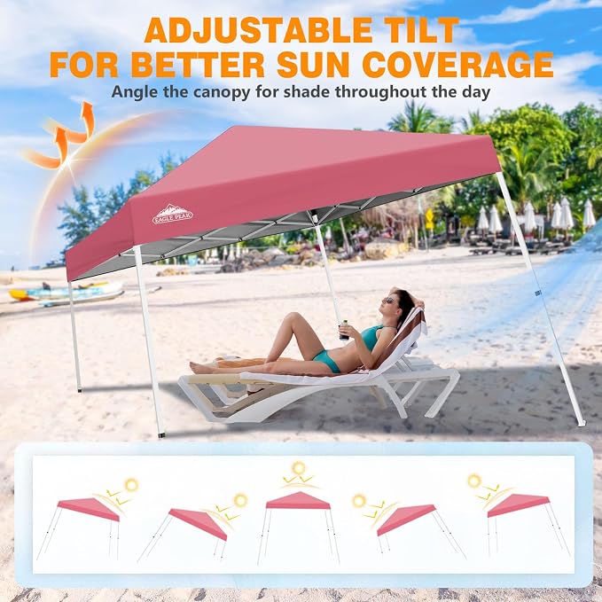EAGLE PEAK 10x10 Slant Leg Pop-up Canopy Tent Easy One Person Setup Instant Outdoor Beach Canopy Folding Portable Sports Shelter 10x10 Base 8x8 Top (Peach Pink)