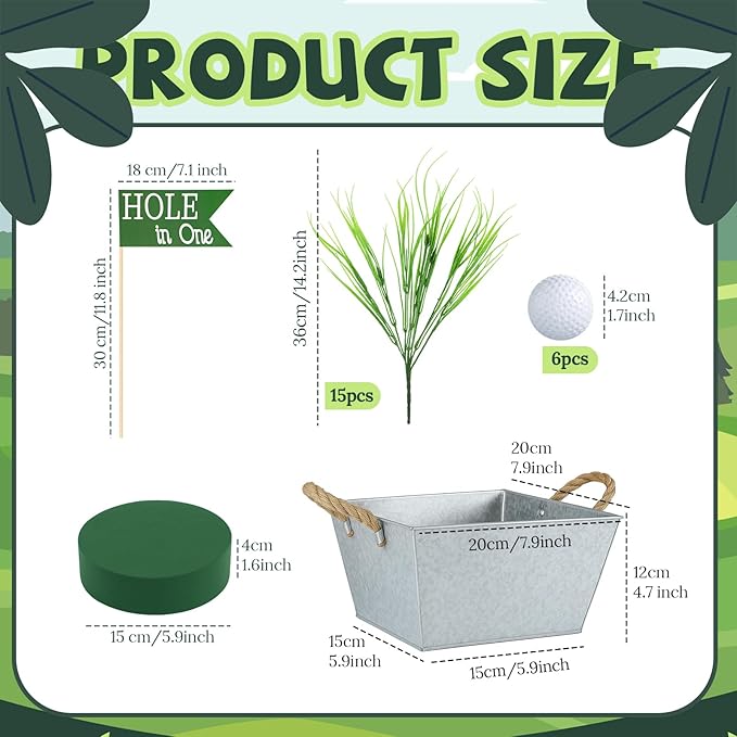 LemonRoad Large Golf Party Table Decorations Kit Includes 1 Square Iron Bucket 6 Mini Golf 15 Artificial Grass and Flags Centerpiece for Birthday Sport Themed Party Desk Supplies Rugby Favors