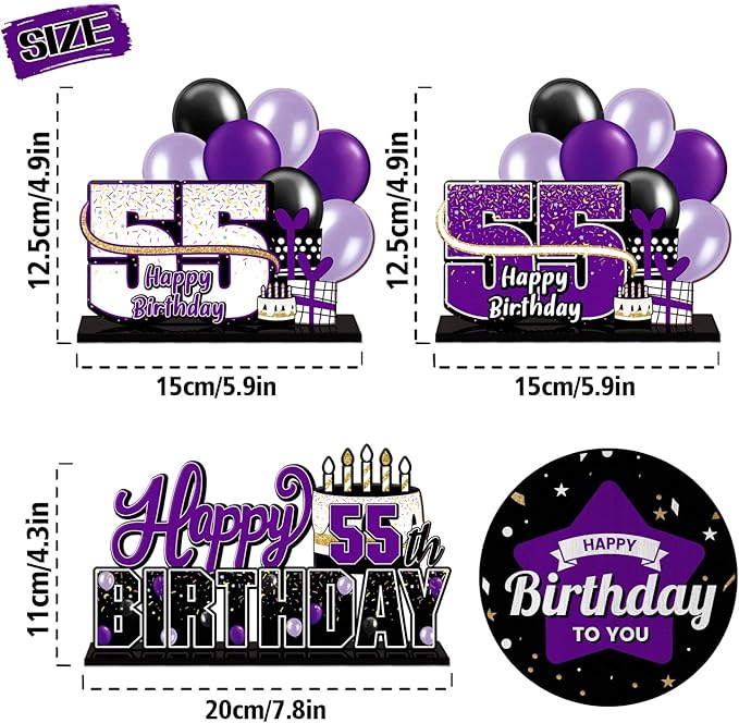 LINGTEER Happy 55th Birthday Purple Acrylic Table Topper Centerpieces Set - Cheers to 55 Years Old Birthday 55th Bday Party Gift Decorations.