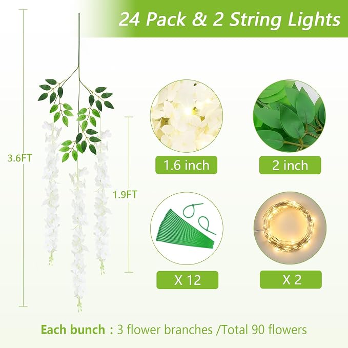 24Pcs Artificial Wisteria Hanging Flowers with Lights, 3.6Ft/Pcs White Fake Wisteria Garland for Wedding Party Home Garden Indoor Outdoor Decoration