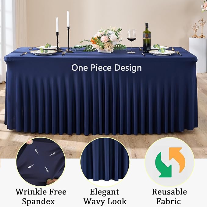 6 Pack Spandex Navy Blue Tablecloths for 6 Foot Rectangle Tables, Wrinkle Free Fitted Table Cloth 6ft Stretchy Table Skirt Cover for Parties Weddings Birthday Banquet Baby Shower
