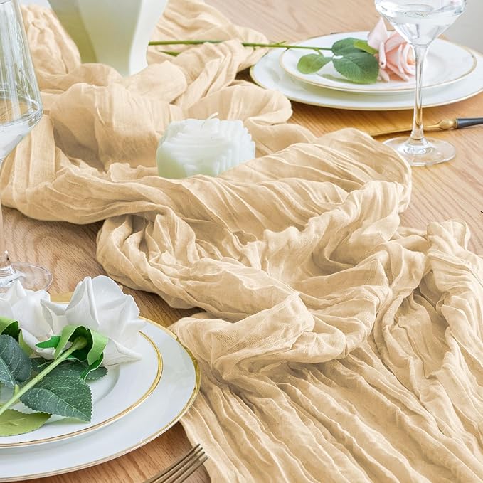 Table Runner Cheesecloth 10FT Sand Boho Gauze Cheese Cloth Rustic Sheer Table Runners for Wedding Bridal Baby Shower Party Decoration
