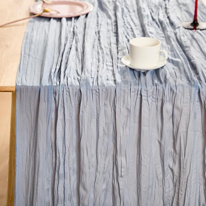 3 Pack Dusty Blue Spring Table Runner Boho Cheesecloth Table Runners Bulk 10 ft Gauze Sheer Mother's Day Table Centerpieces for Wedding Ceremony Anniversary Bridal Baby Shower Banquet