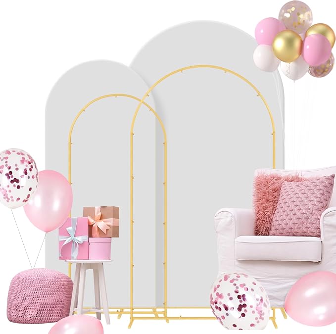 Gawicpy Wedding Arch Backdrop Stand Set Metal Arch Backdrop Stand with Wedding Arch Cover, Wedding Balloon Arch Backdrop Stand for Birthday, Baby Shower, Anniversary (White, 5.9FT+7.2FT)