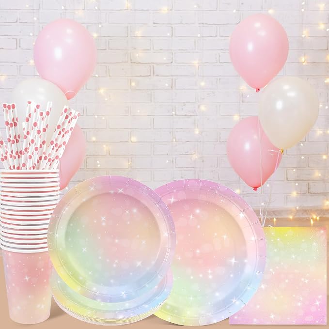 Recheel Pastel Birthday Party Supplies Decorations, Rainbow Theme Birthday Paper Plates and Napkins Set with Cups and Straws for 24 Guests, 120 Pcs Disposable Party Dessert Dinnerwares