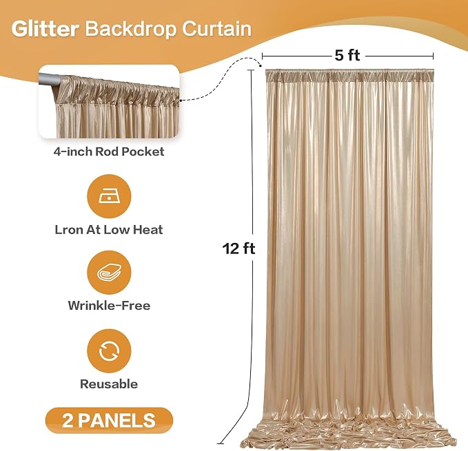 gogoparti 10x12FT Champagne Sequin Backdrop Curtain-2 Panels of 5x12FT Wrinkle-Free Glitter Drapes for Photography, Birthdays, Weddings & Graduations