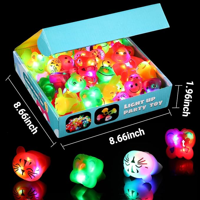 36 Pack Light Up Rings Glow in The Dark Party Supplies, Light up Party Favors, Goodie Bag Stuffers, Birthday Valentines Party Favors Classroom Prizes Cute Animal Treasure Box for Kids