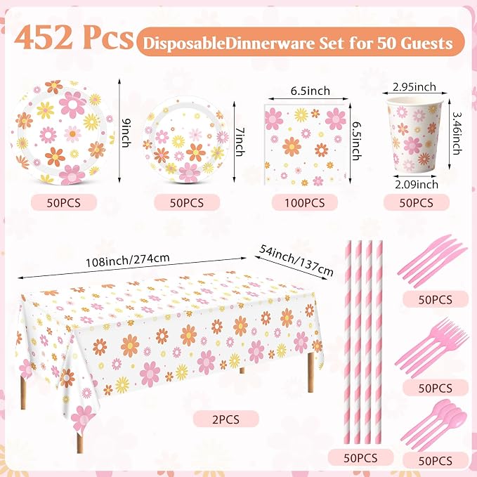 Funnymoom 452 Pcs Groovy Daisy Party Decorations for 50 Guest, Boho Daisy Paper Plates Cups Napkins Tablecloth Cutlery Straws Hippie Tableware Set for Retro Hippie Birthday Baby Shower Party Supplies